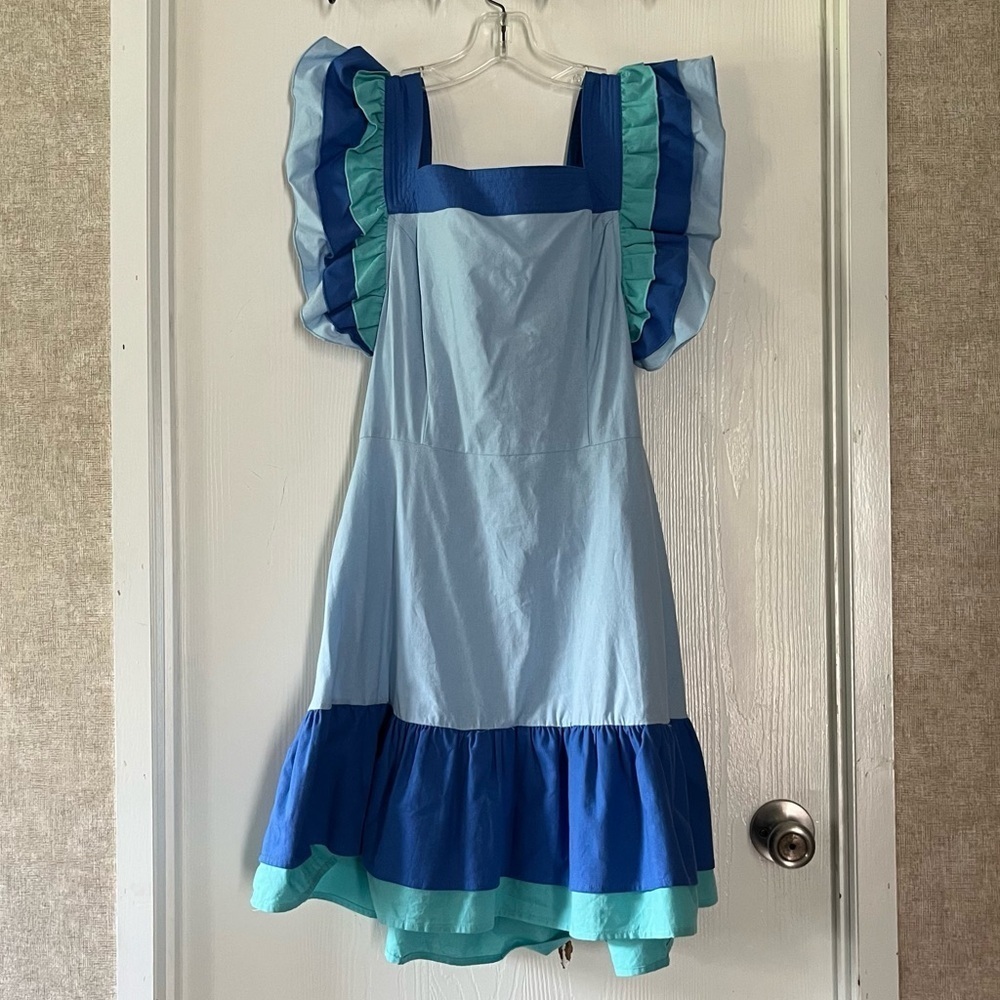 Strut and Bolt Blue and Teal Puff Sleeve Mini Dress